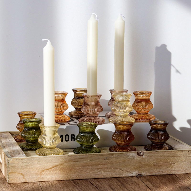 WDHODEC Taper Candle Holders 12PCS Glass Candlestick Holders for Table Centerpiece Vintage Colorful Candle Sticks for Wedding  Party and Festival Decoration(Brown) - Image 5